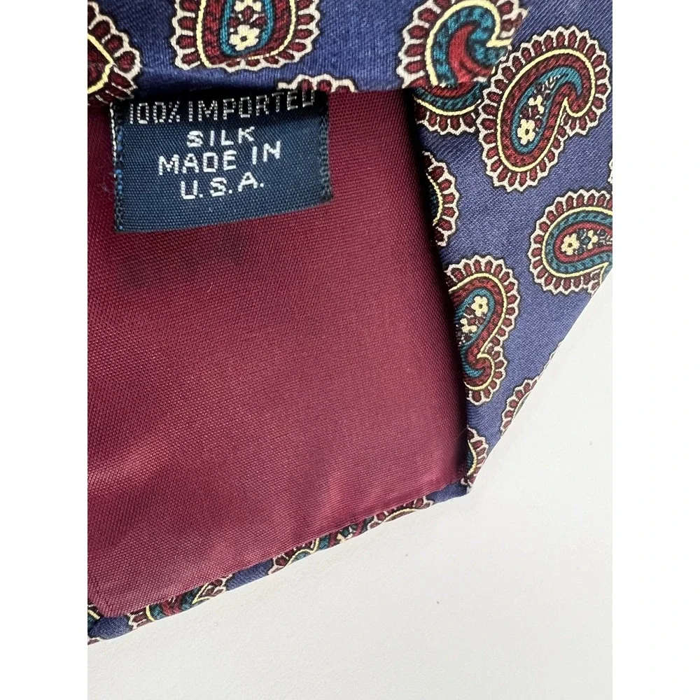 Allen Solly Mens Silk Paisley Tie Navy Blue Burgundy Teal Made in USA Classic